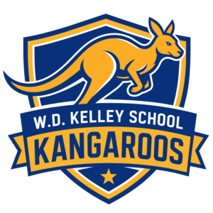 W.D. Kelley School Kangaroos logo featuring a gold kangaroo on a navy-and-gold shield.